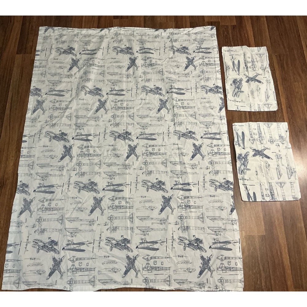Restoration Hardware Baby & Child Vtg Airplane Crib Flat Sheet + 2 Pillow Cases